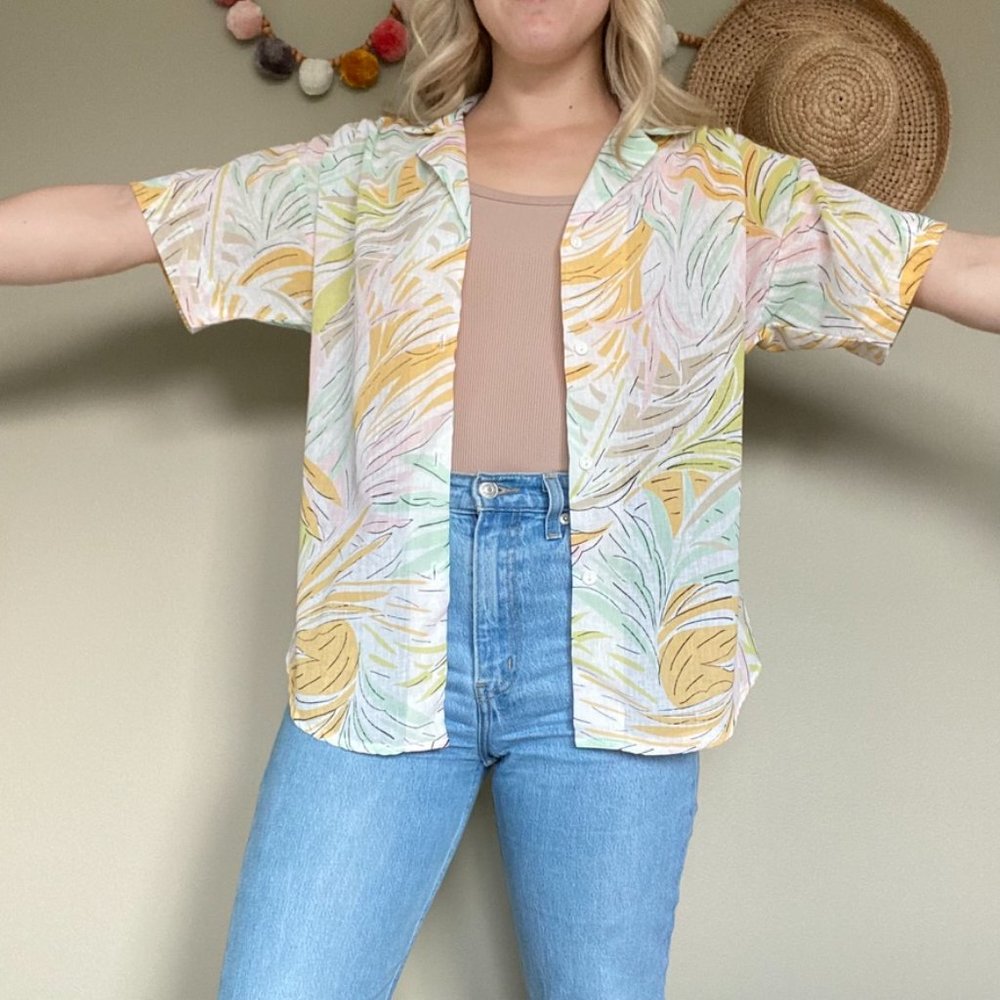 Vintage Copycats Colorful Tropical Palm Leaves Button Up Short Sleeve Top - Picture 2 of 9